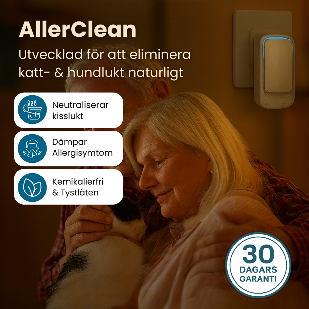 AllerClean™ – neutraliserar kattlukt direkt Inga filter. Ingen spray. Inga kemikalier – nästan helt tyst, och luften känns fräschare.